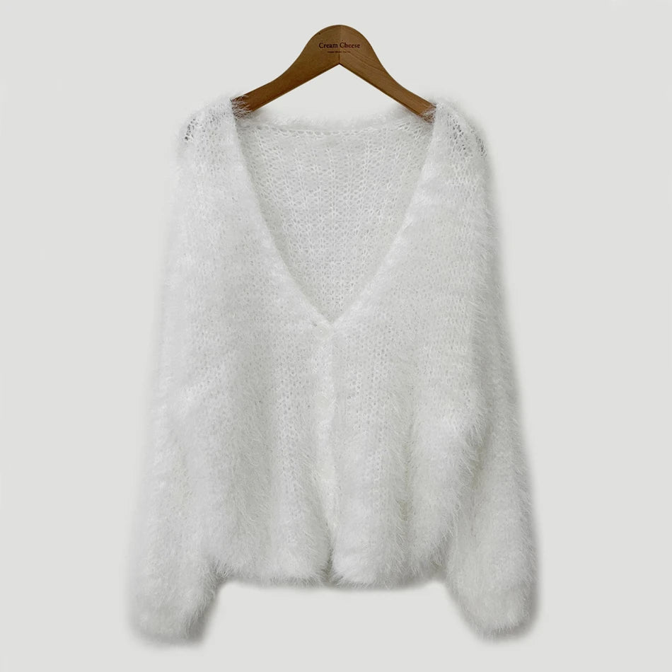 Chic V-Neck Knitted Sweater Coat for Women 🧥✨ Faux Fur Lazy Style Cardigan 💖 Autumn Winter Fashion Outerwear