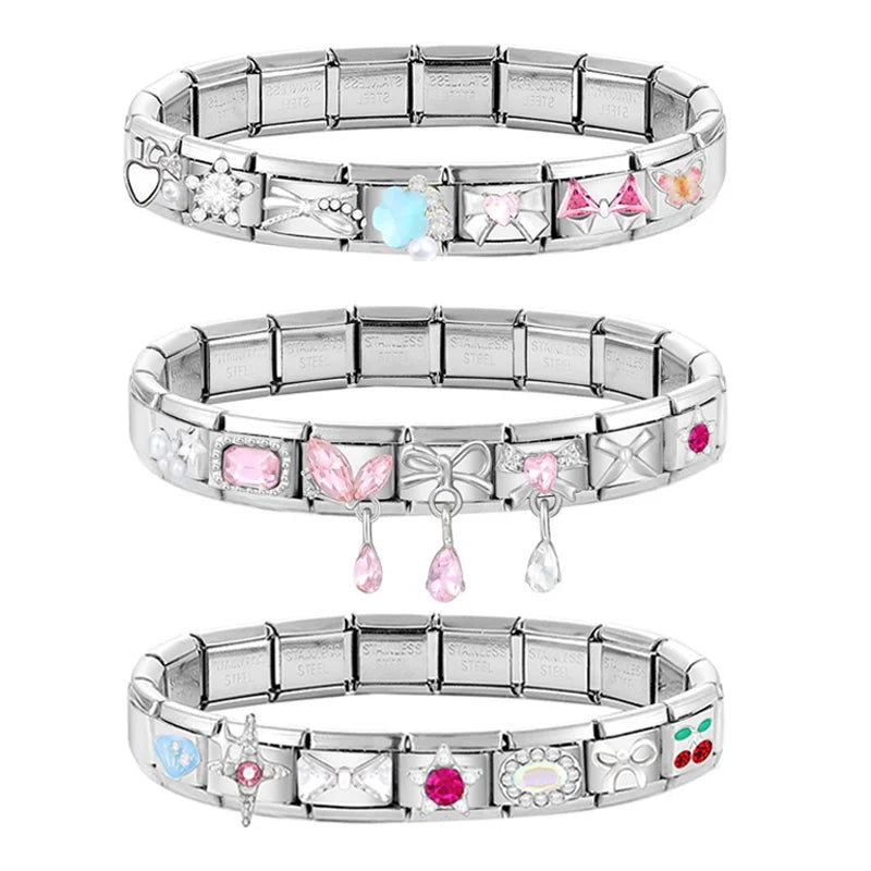 2025 Original Zircon Bow Knot Star Cherry Italian Charm | Stainless Steel 9mm Links DIY Modular Bracelet Jewelry Wholesale