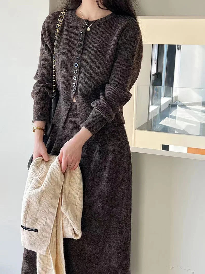 🍂 Soft Cozy Women’s Knitted Sweater & Cardigan Top 👚 Plus Dress Two-Piece Set ✨ Autumn Winter Long Sleeve Commute Wear