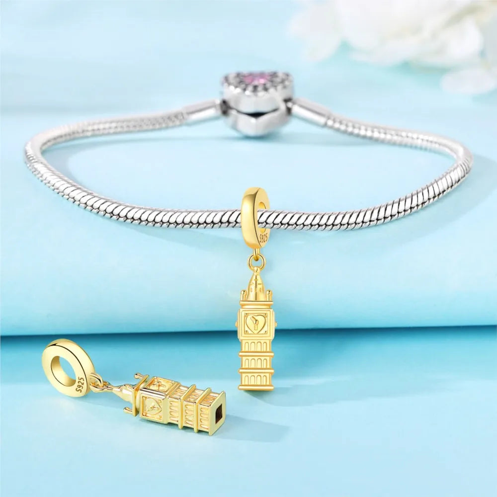 925 Sterling Silver Golden London Big Ben Charm Pendant | Travel Series Bead for Women DIY Bracelet Jewelry Gift