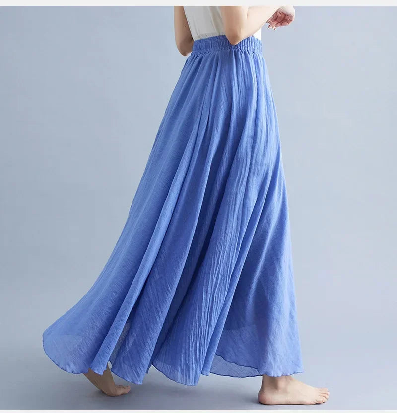 Fashion Solid Cotton Linen Women Maxi Skirt – Elegant Harajuku Casual Loose Long Skirt 👗✨