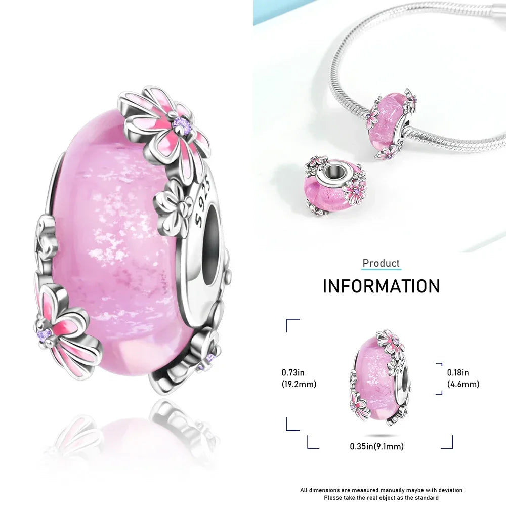 925 Sterling Silver Murano Glass Galaxy & Clover Heart Beads | Fit Pandora Bracelet DIY Jewelry Gift for Mum