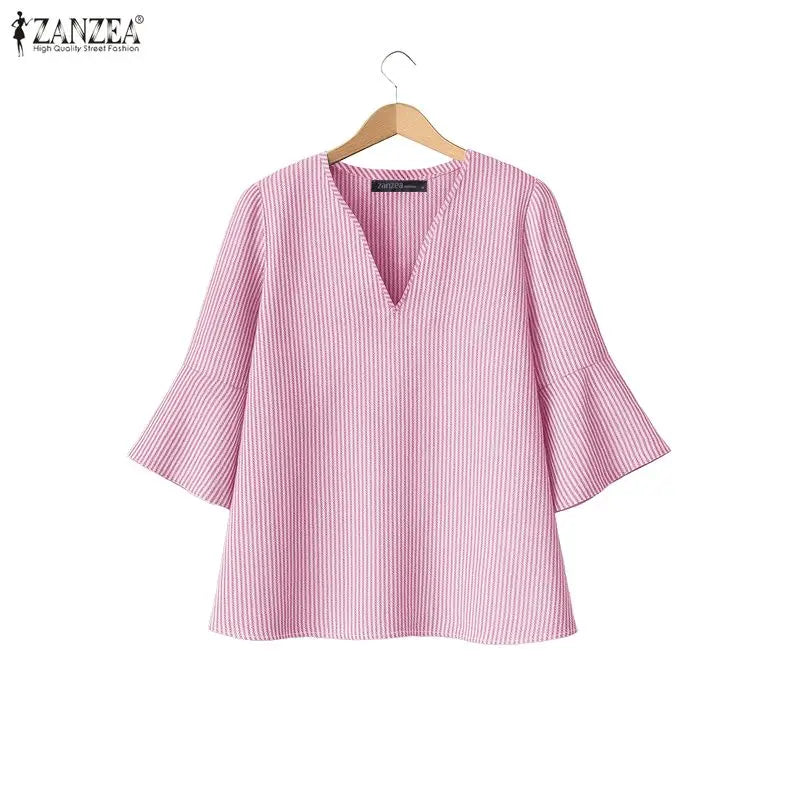 2025 ZANZEA Women’s Office Striped Blouse – Autumn V-Neck 3/4 Sleeve Casual Work Shirt 👚🍂