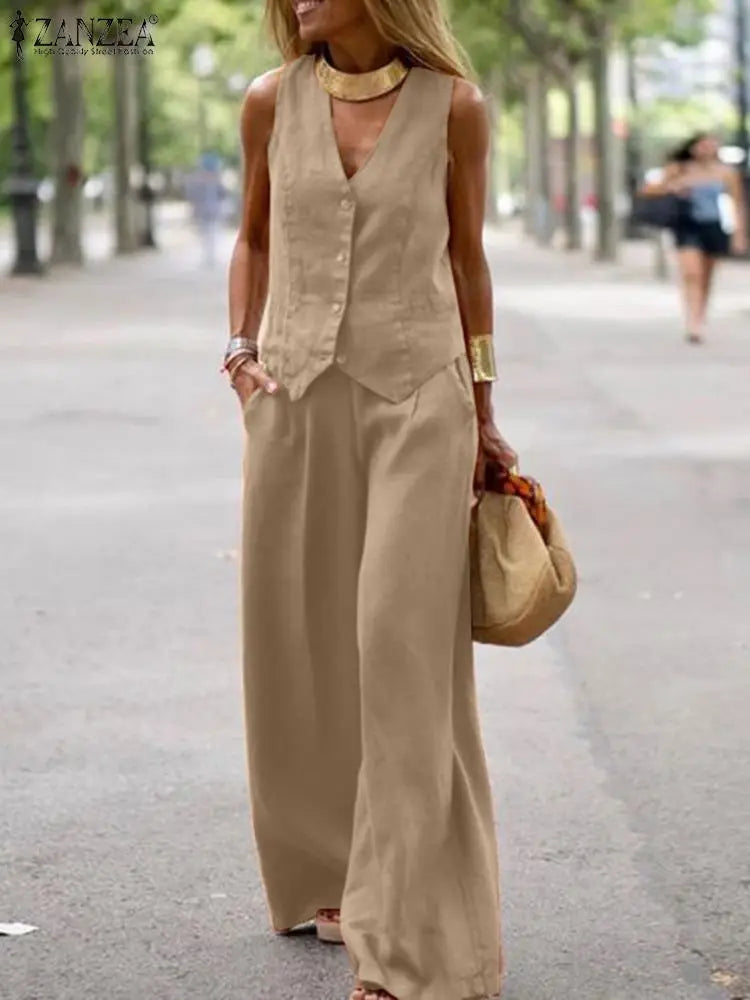 ZANZEA 2025 Elegant Women’s Two-Piece Set – Solid Color Wide Leg Pants & Vest Top Plus Size 👩‍💼✨