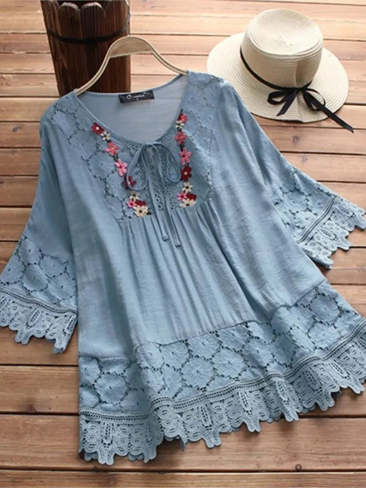Summer Women Casual V-Neck Blouse – Cotton & Linen Lace Flower Loose Top 🌸☀️