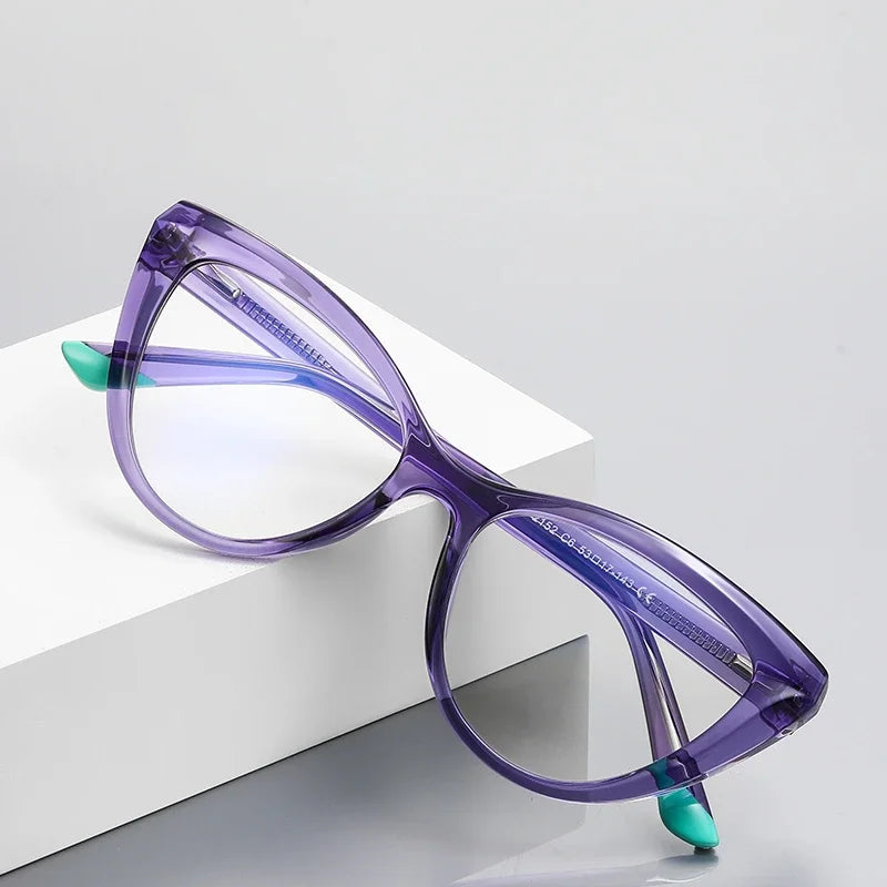 Blue Light Blocking Nearsighted Glasses – Cat Eye Spring Leg Prescription Spectacles for Women (-0.5 to -6.0)