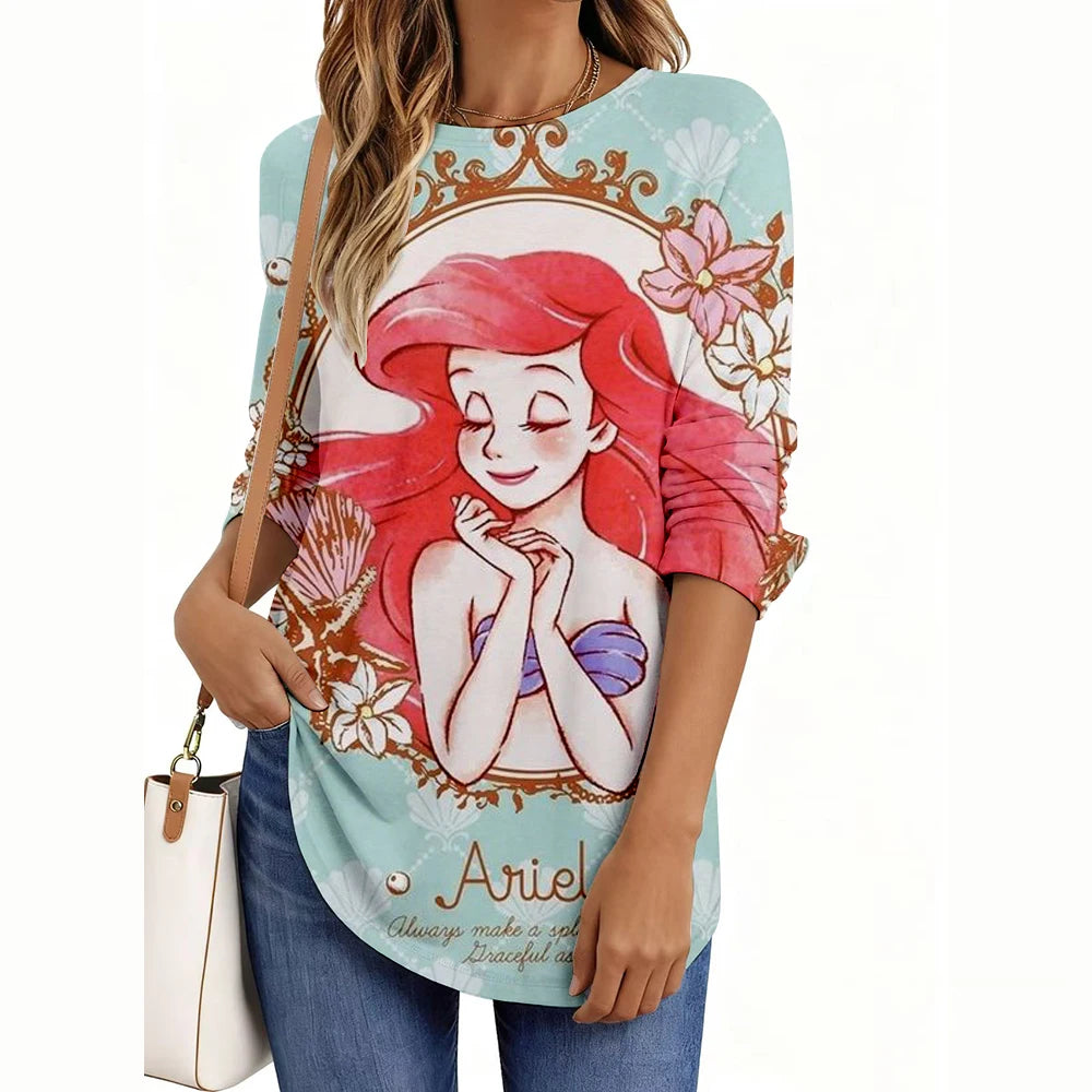 Disney Princess Print Women’s Long Sleeve Shirt – Casual Weekend Holiday Loose Elegant Top 👑✨