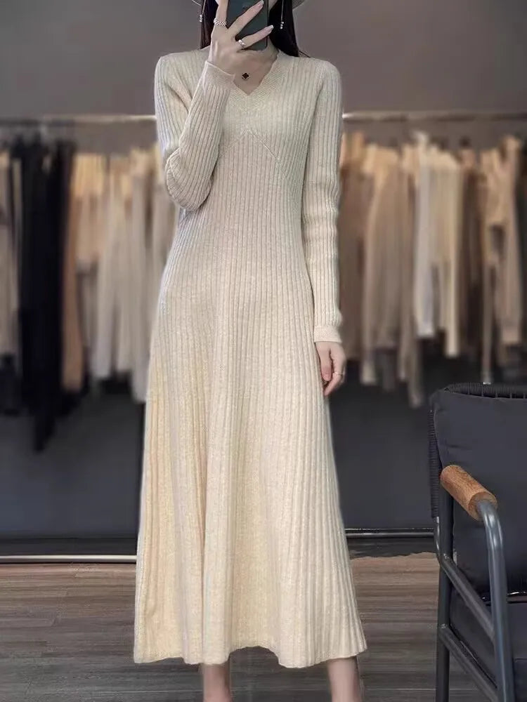 Women’s Mid-Length Knitted Camere Dress – Slimming Base Layer Over-Knee Wrap V-Neck A-Line Gown | Spring & Autumn New