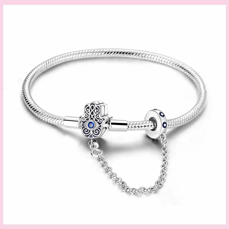 925 Sterling Silver Evil Eye Bracelet with Hand of Fatima | Blue Zircon Protection Charm Jewelry for Women