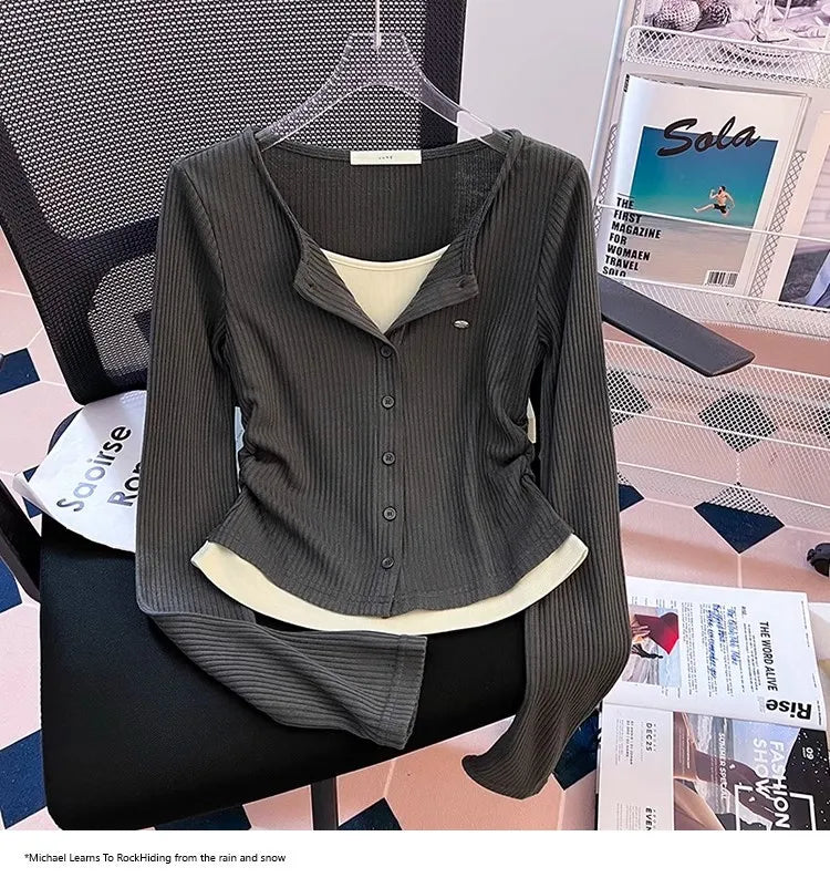 Unique Design Long Sleeve Slim Fit T-Shirt – Women's Plus Size Early Autumn Base Shirt, Korean Style Knitted Top