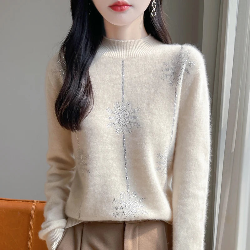Women Christmas Sweater – Mock Neck Long Sleeve Thick Warm Pullover | Autumn Winter Knitted Loose Jumper Red