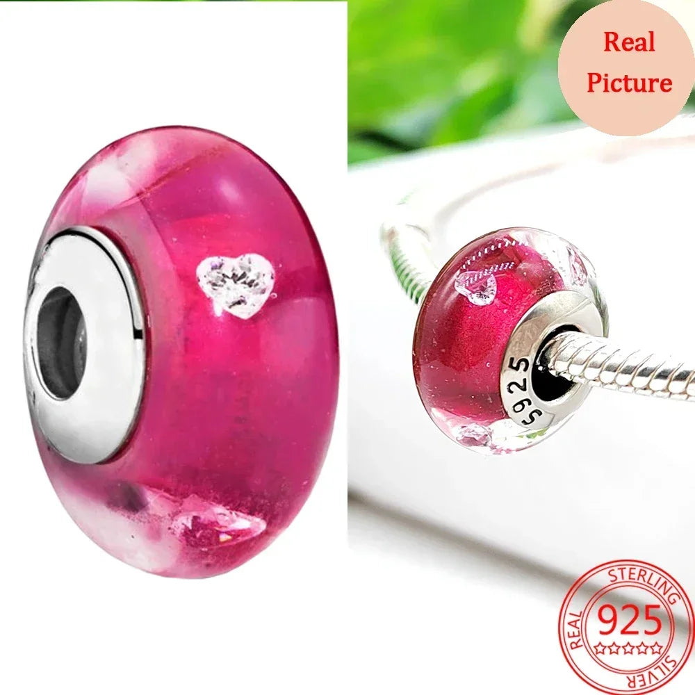 925 Sterling Silver Murano Glass Galaxy & Clover Heart Beads | Fit Pandora Bracelet DIY Jewelry Gift for Mum