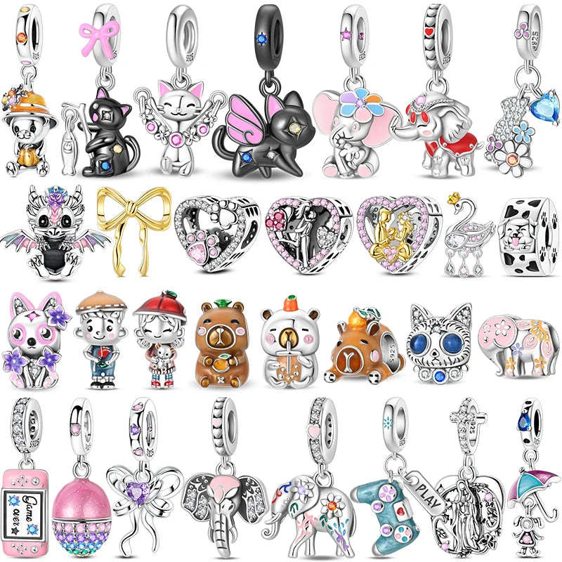 925 Sterling Silver Animal & Love Charms | Cat, Elephant, Bear, Swan & Easter Egg Beads Fit Original 3mm Bracelets DIY Jewelry