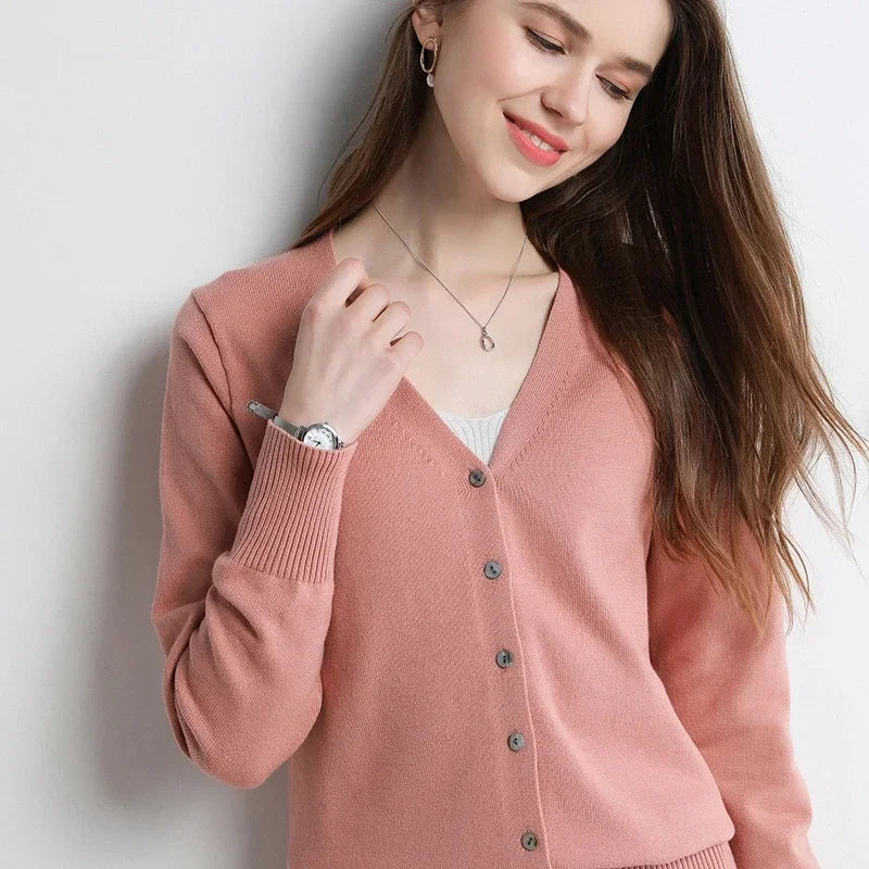 Women Cardigans V-Neck Long Sleeve Knitted Outerwear – Korean Fashion Solid Thin Spring Autumn Sweater