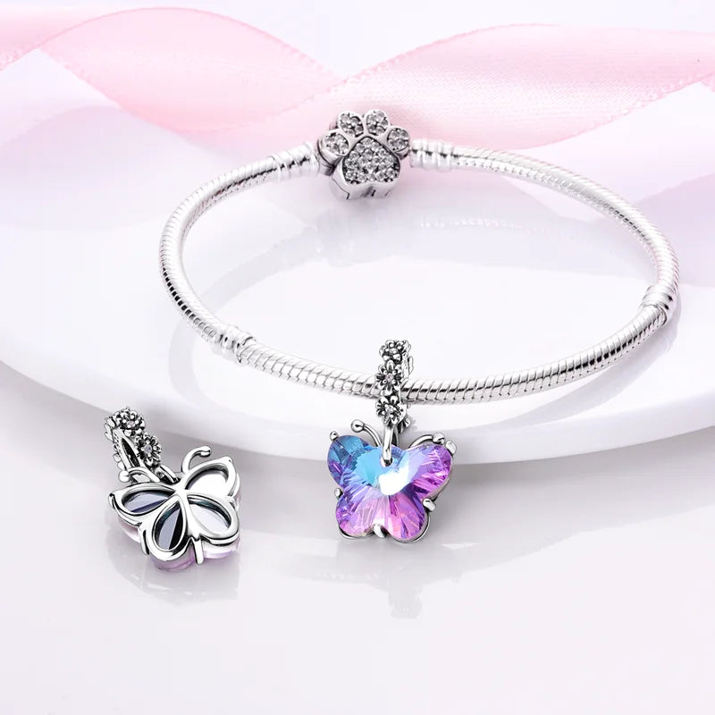 2025 Hot Sale 925 Sterling Silver Pink Butterfly Luminous Firefly Charm | Dangle Bead Fit Bracelet Necklace DIY Jewelry