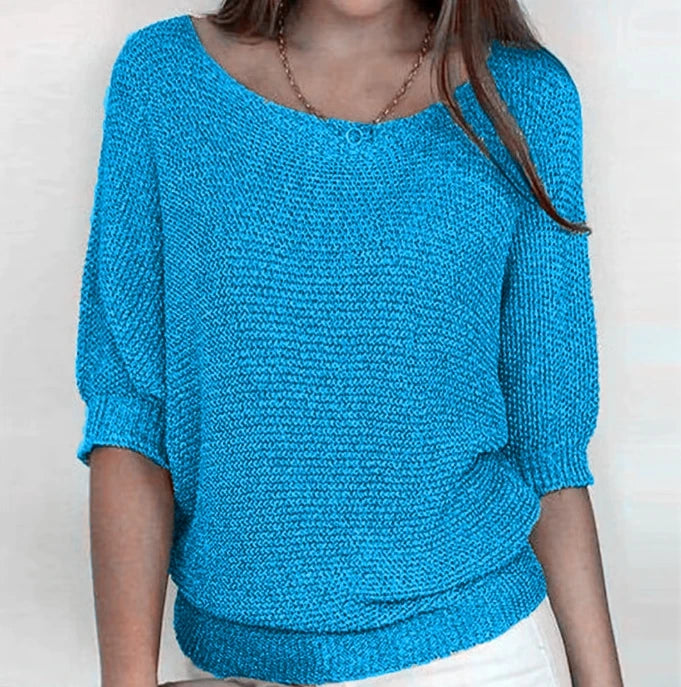 Women's Solid Color Knitted Sweater Pullover | Elegant Winter Round Neck 3/4 Sleeve Top