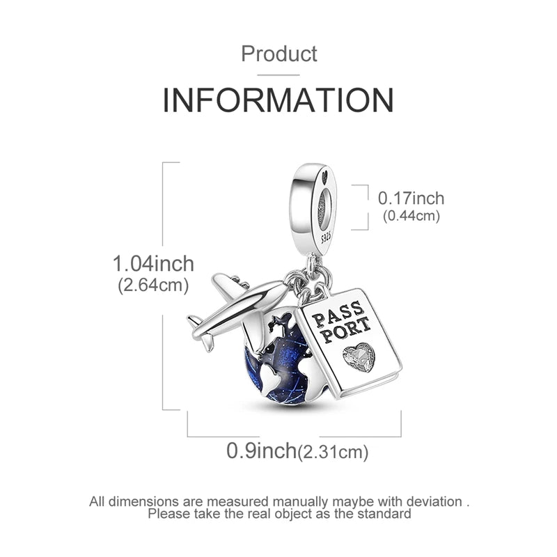 925 Sterling Silver Golden Charms Bow Cross Earth Passport Dangle | Fits Original Bracelet DIY Jewelry Gift for Women
