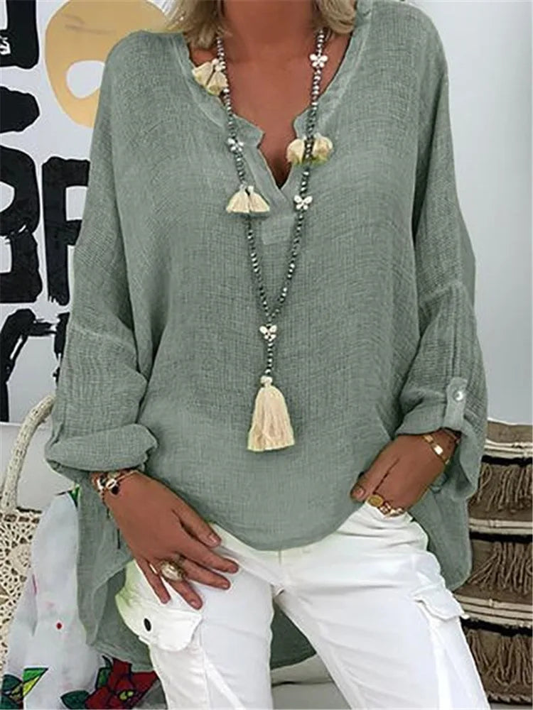 Women’s Loose V-Neck Long Sleeve Blouse | 6-Color Casual Solid Top for Spring & Autumn