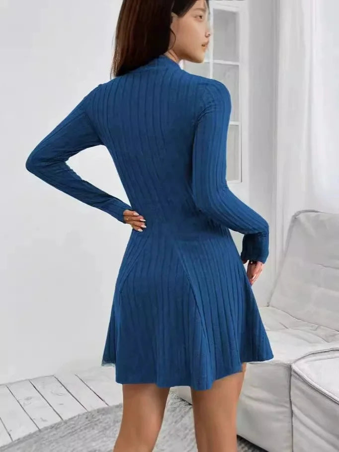 Women’s Slim Fit Half High Collar Dress – Waist Cinched A-Line Pit Stripe Long Sleeve Elegant Autumn Winter Dress