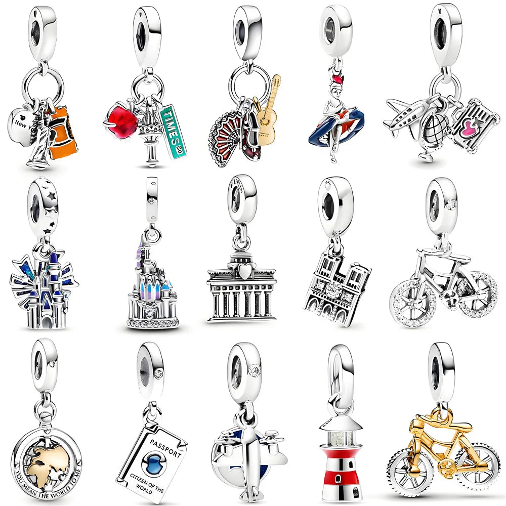 925 Sterling Silver Travel Charms – Japan, Bicycle, Car & Statue of Liberty Beads Fit Pandora Bracelet DIY Women’s Jewelry Gift