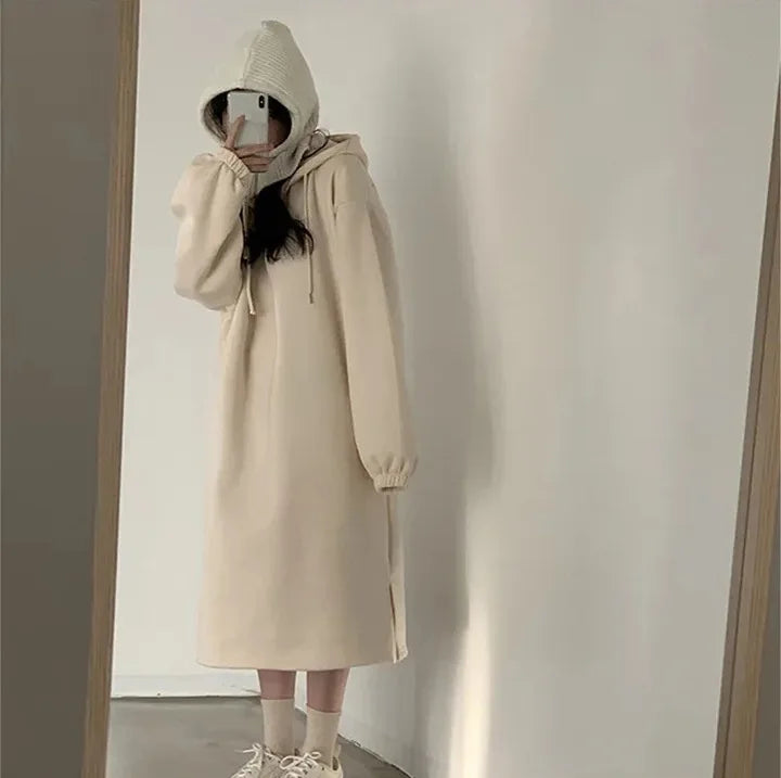 Chic Winter College Long Hoodie Dress ❄️ Lazy Fleece A-Line Side Slit Dress 👗 Pure Color Polyester Fiber 🧵