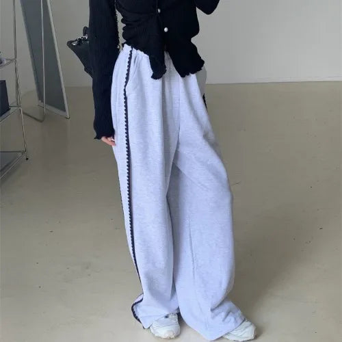 Chic Autumn Winter Loose Casual Pants – Color Block Side Stripe Floral Women Sweatpants Long Trousers
