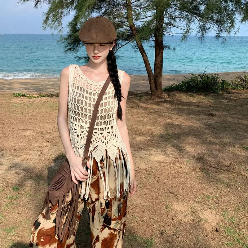 Vacation Style High Waist Wide Leg Pants – Thin Long Ethnic Print Pants for Beach & Holiday Wear