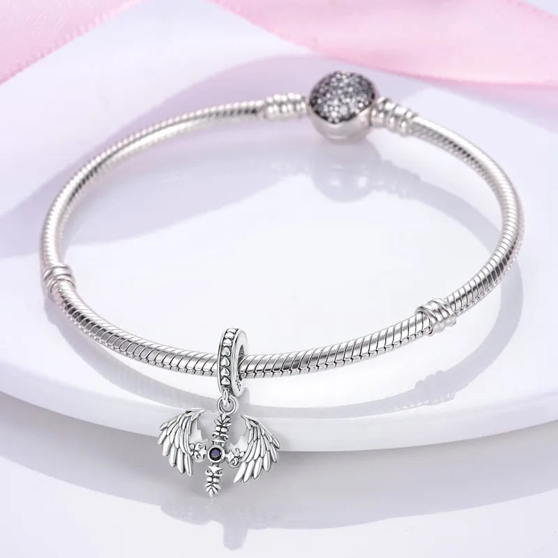 S925 Silver Angel Baby Charms | Heart Shape Wings Dangle Beads Fit Bracelet & Necklace