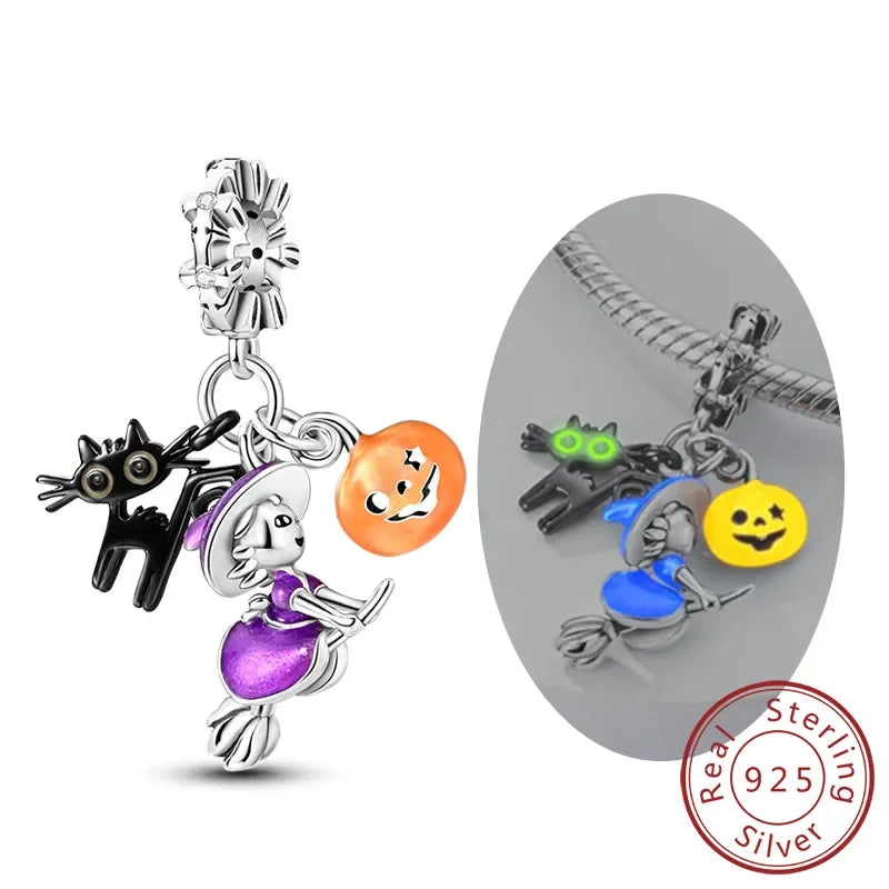 Halloween 925 Sterling Silver Luminous Pumpkin Witch Charm | Skeleton, Mummy & Candy Bead for DIY Bracelet Jewelry Gift