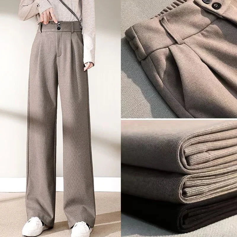 Women's High Waisted Woolen Pants | Autumn Winter Thick Trousers | Classic Straight Leg Fashion Pants