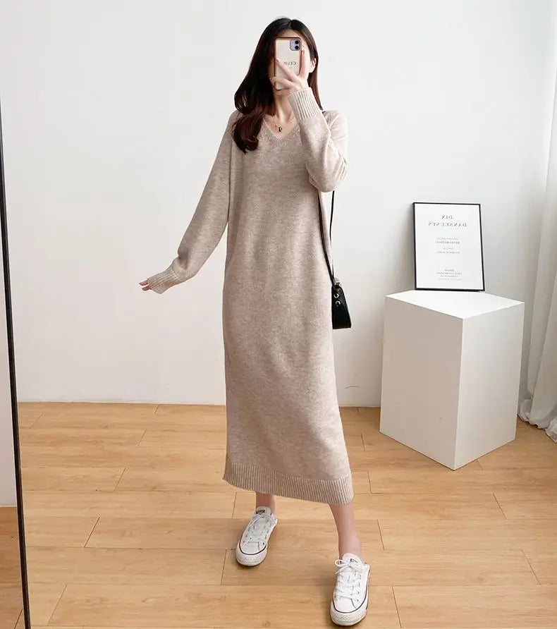 Ladies’ Knitted V-Neck Dress – Loose Fit Base Layer Skirt, Casual Straight Tube Korean Style Autumn Winter Dress