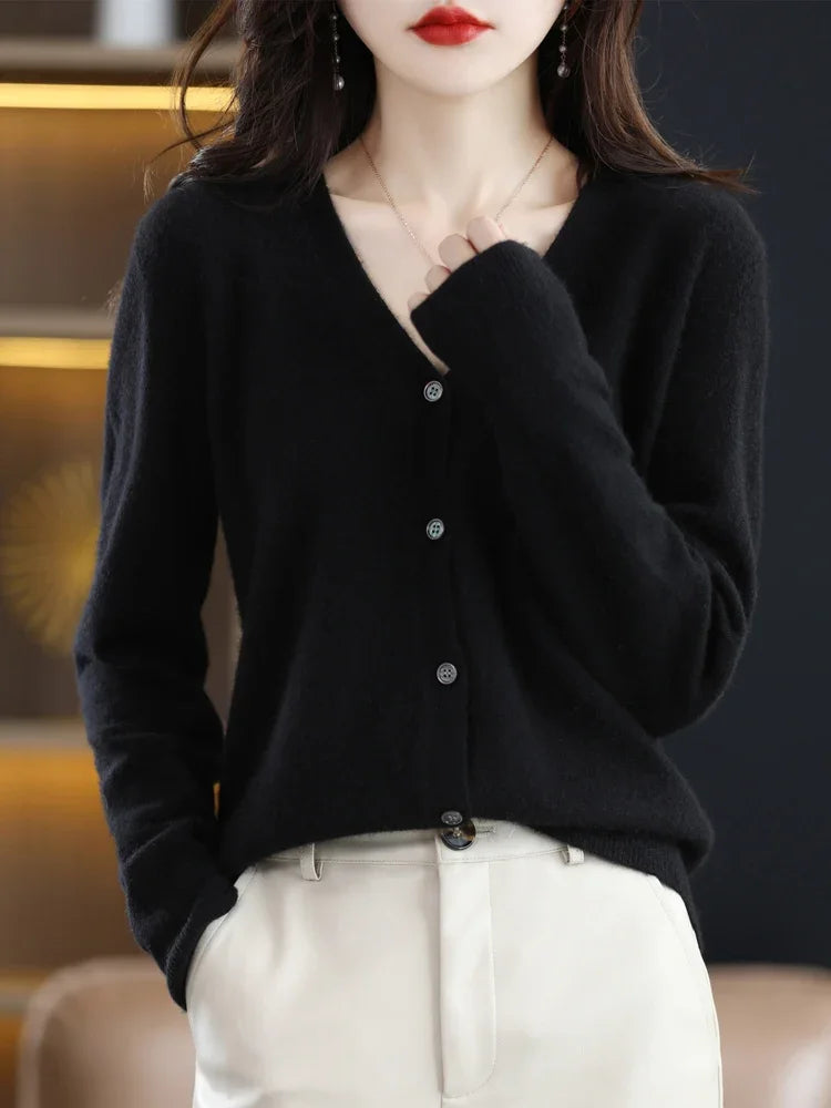 Women Cardigans V-Neck Long Sleeve Knitted Outerwear – Korean Fashion Solid Thin Spring Autumn Sweater