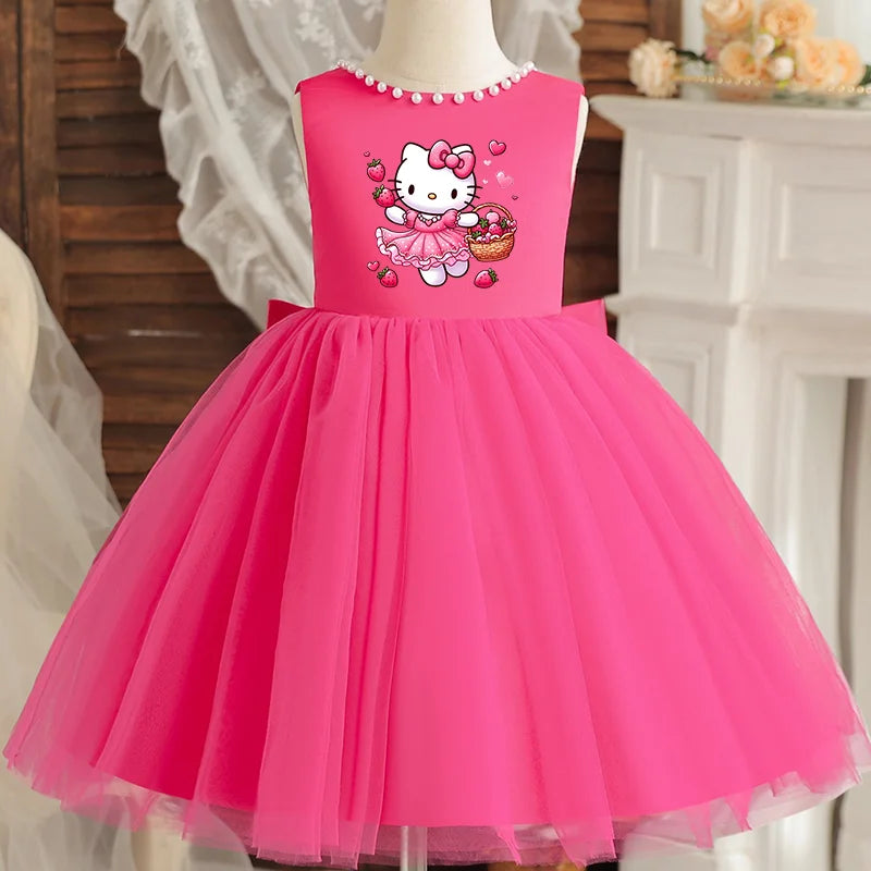 Hello Kitty Kids Pearls Elegant Princess Dress for Girls Backless Bow Baby 1st Birthday Baptism Tutu Gown Wedding Dress
