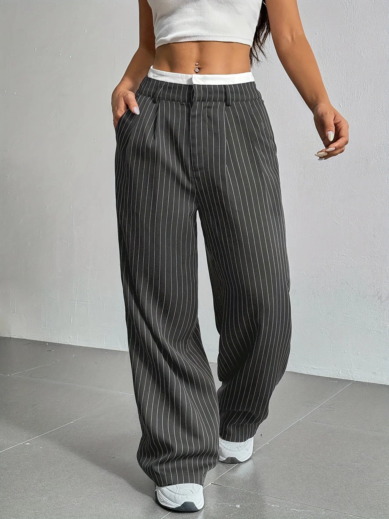 Women’s High Waist Straight Leg Pinstripe Trousers | Office & Casual Striped Dress Pants with Pockets