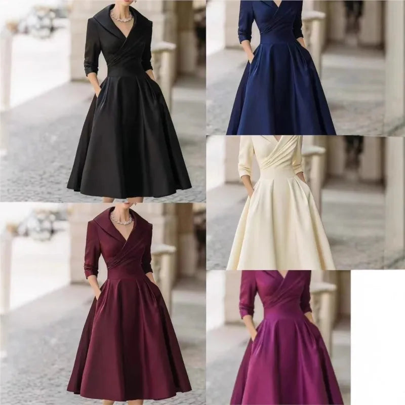 Elegant Solid Color V-Neck Waist Cinching Dress – Autumn Winter Women’s Long Sleeve Sexy Dress with Pockets | Ropa Mujer
