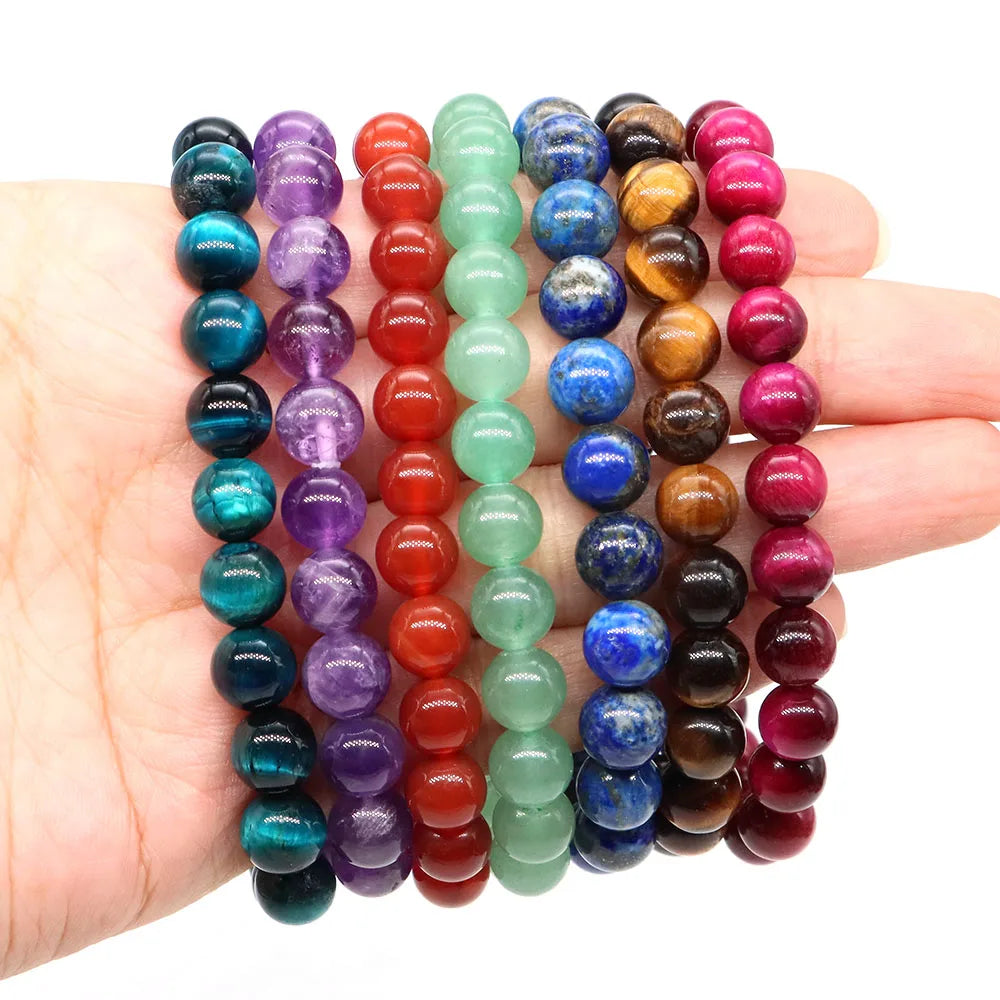 Natural Stone Healing Crystal Bracelet | Amethyst, Quartz & Agate Round Beads Elastic Stretch Bangle for Women & Men