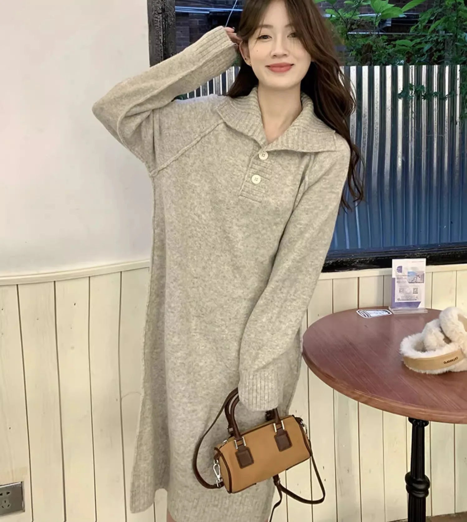 Women’s V-Neck Knitted Dress – Loose Fit Mid-Length Knee-Over Sweater Dress, Autumn Winter Base Layer Inner Wear
