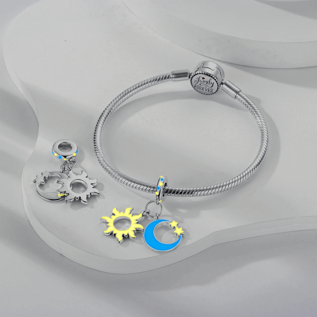 Silver Plated Colorful Glowing Moon & Stars Rainbow Dangle Charms | Fit Original Bracelet & Necklace | Women’s Jewelry Beads