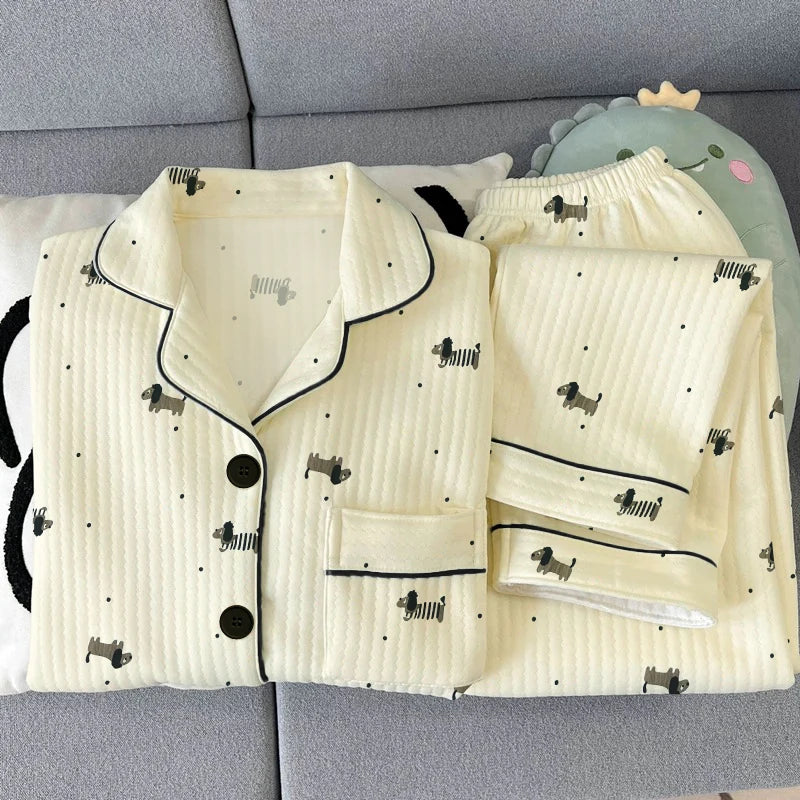 Thickened Air Cotton Women’s Loungewear Set – Lazy Bear Cartoon Long Sleeve Top & Pants 🐻❄️🛋️