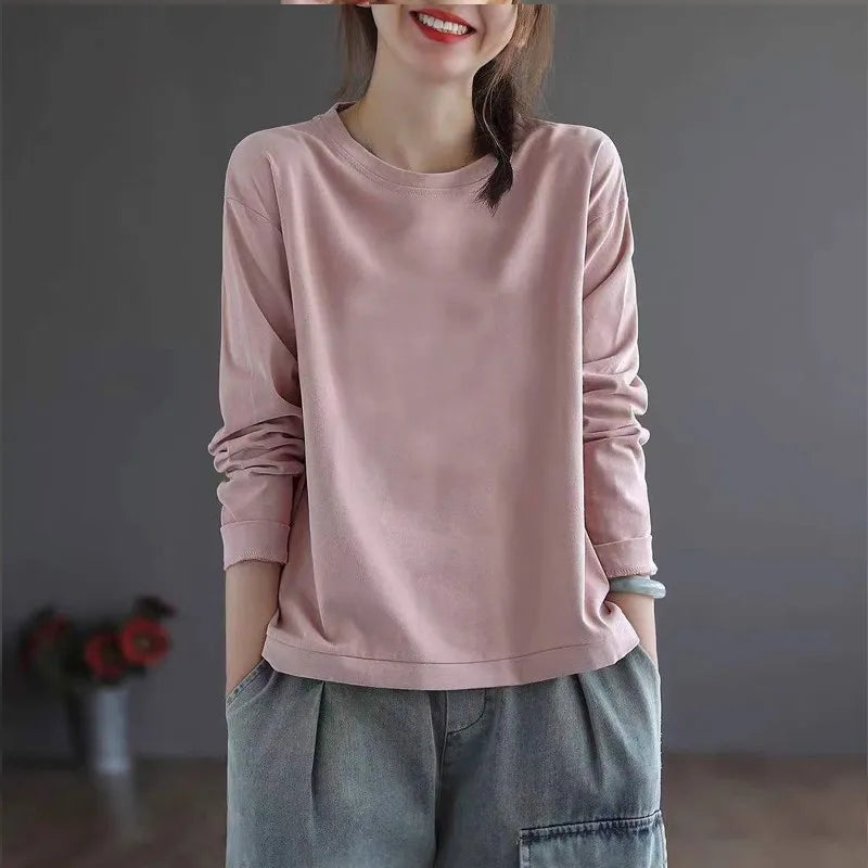 100% Cotton Long Sleeve T-Shirt | Women’s Casual Loose Slimming Top | Autumn Round Neck Fashionable Tee