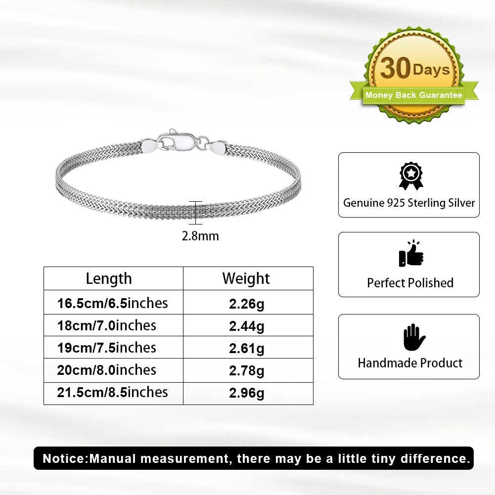 Rinntin 925 Sterling Silver 2.8mm Flat Mesh Chain Bracelet – Unisex Daily Wear