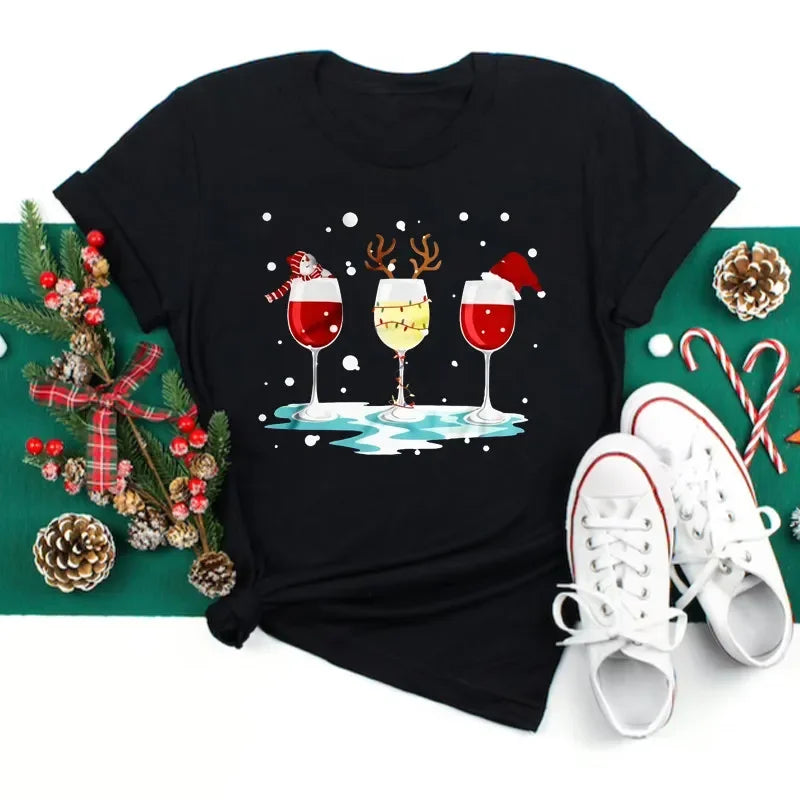 Women’s Christmas Wine Glass T-Shirt | Funny Holiday Black Tee Xmas Gift Top 2025
