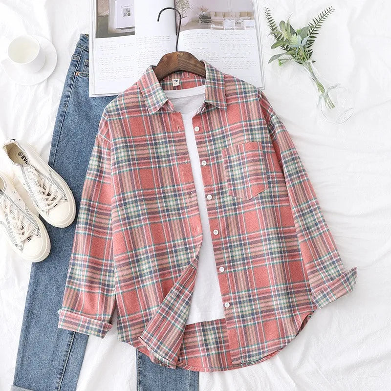 Women’s Plaid Shirt | Spring Autumn Long Sleeve Blouse | Casual Cotton Checkered Top