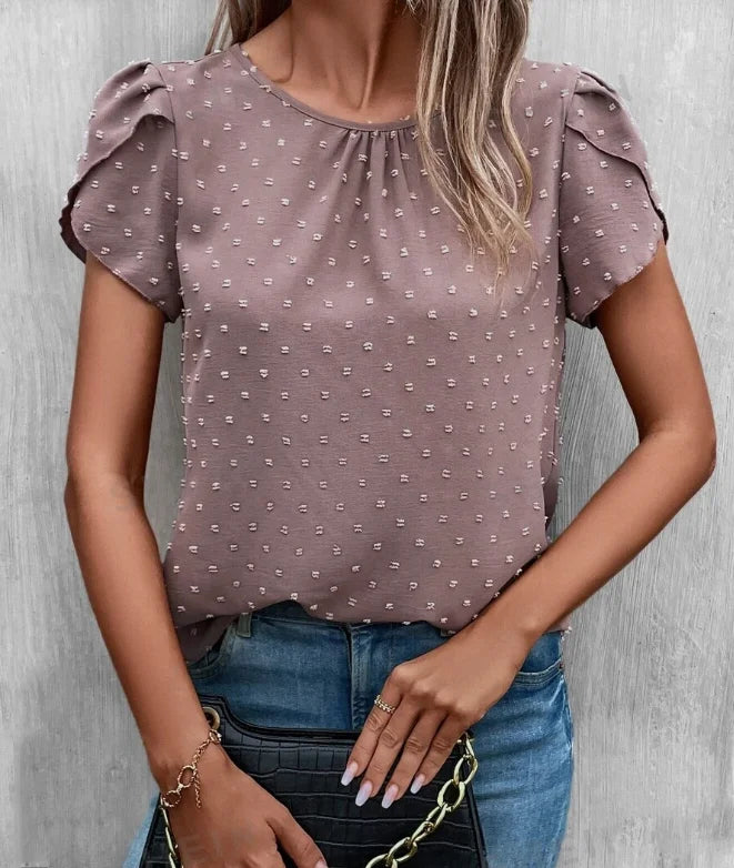 Swiss Dot Crew Neck Blouse – Casual Petal Sleeve Top for Spring & Summer Women 🌿✨