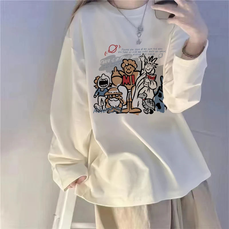 White Fleece-Lined Loose Long Sleeve Women’s T-Shirt – Slimming Base Layer Korean Style Commute Top