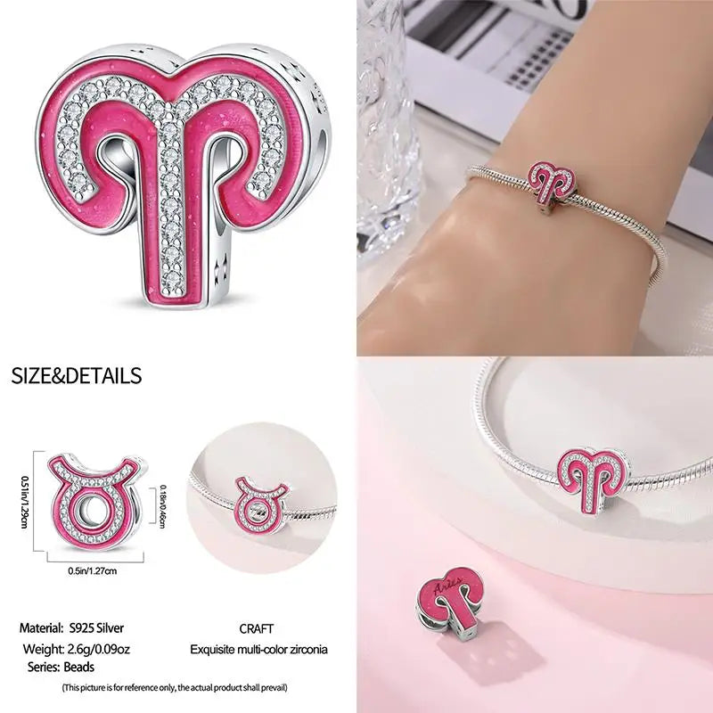 925 Sterling Silver Pink Zircon 12 Zodiac Signs Charms | Fit Original Pandora Bracelets DIY Jewelry Gift for Women