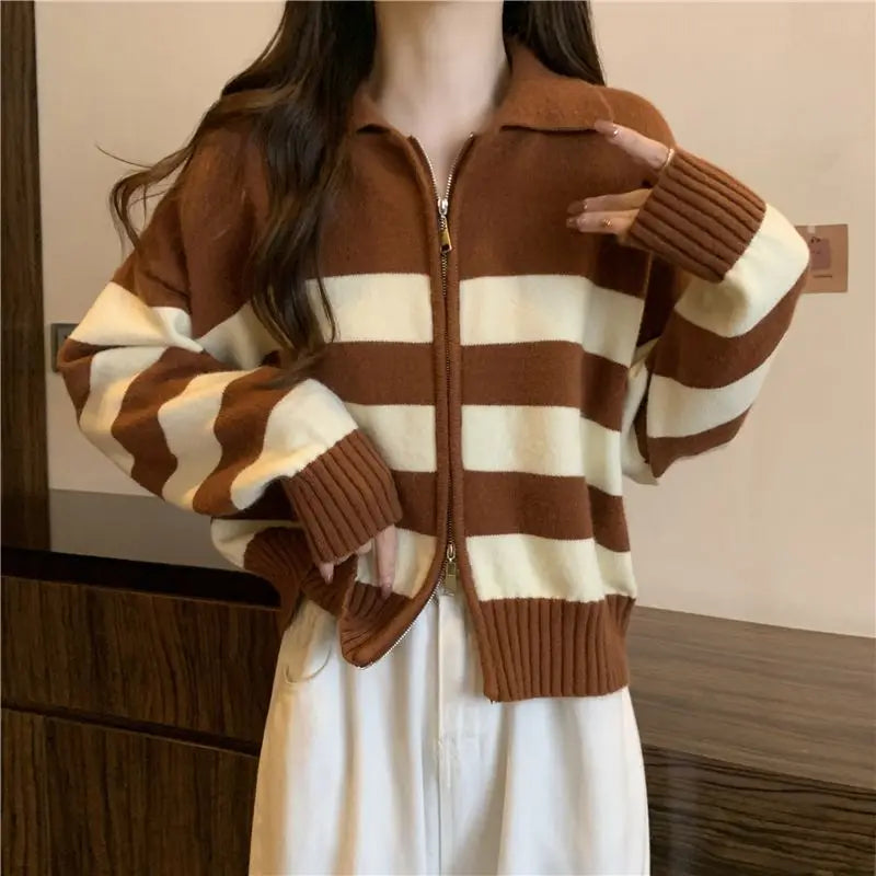🔥 Retro American Spicy Long Sleeve Sweater for Women 🍂 Winter Loose Fit Knit Top | Unique Stripe Lazy Style Pullover ❄️
