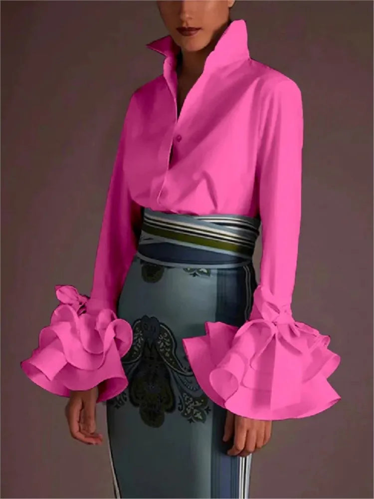 Women’s Elegant Flared Sleeve Falbala Blouse – Spring Autumn Solid Color Office Top 👚✨