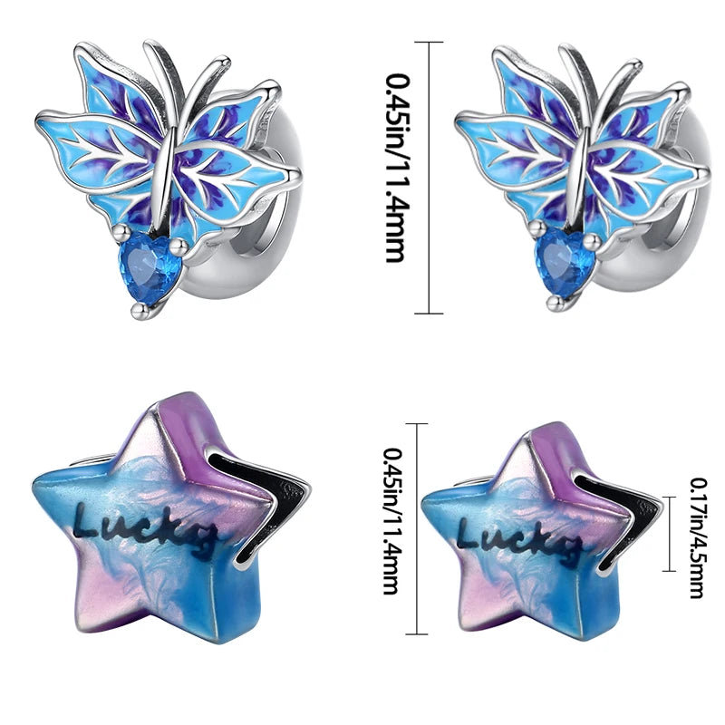 925 Sterling Silver Blue Series Charm | Dragonfly, Butterfly, Bird & Pansy Flower Pendant for 4MM Bracelet