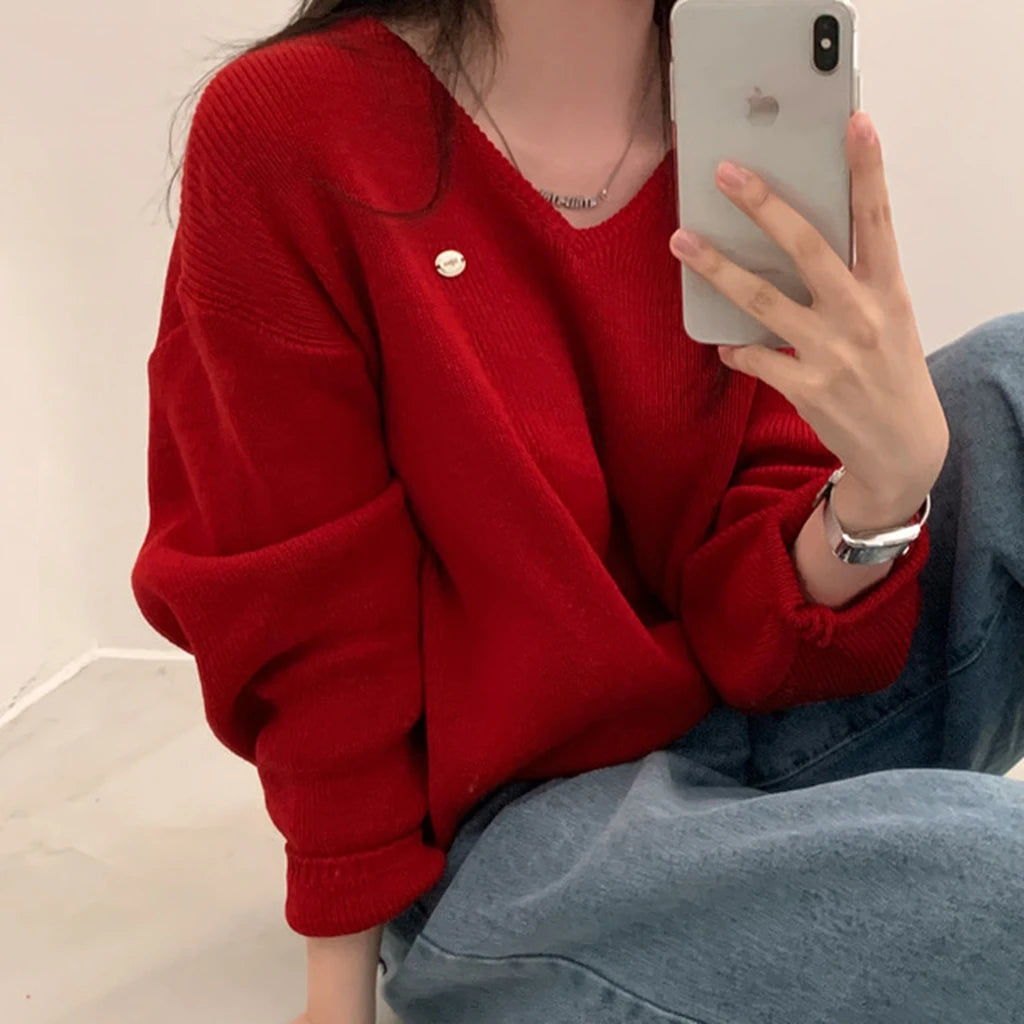 Loose Women’s Knitwear V-Neck Long Sleeve T-Shirt – Casual Comfortable Fashionable Autumn Top New Arrival